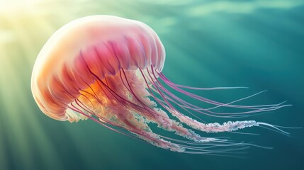 Poster - A jellyfish swimming in the ocean with sunlight shining on it, AI