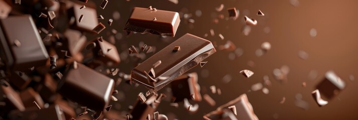 Wall Mural - Pieces of chocolate are falling on a brown background. Copy space