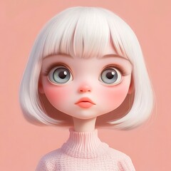 Sticker - 3D Cartoon Girl with White Hair and Big Eyes