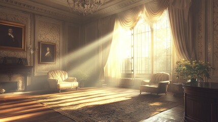 Wall Mural - Sunbeams Illuminating a Luxurious Living Room with Golden Curtains, Furniture, and Paintings