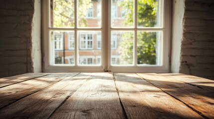 Poster - Rustic Wooden Table with Window View