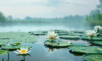 Wall Mural - Serene wetland with water lilies and dragonflies, Video