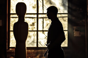 Shadow of fighter practicing Wing Chun Kung Fu on wooden dummy backdrop