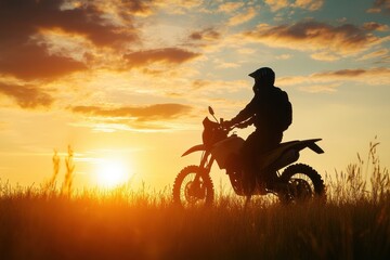 Silhouette of a motorcyclist and bike at sunset in a field enduro off road motorcycle