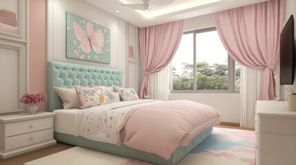 Wall Mural - A pastel-colored bedroom with a pink bed, blue headboard, and a butterfly painting.