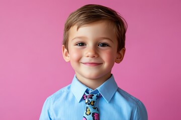 Wall Mural - Smiling young man in blue shirt and butterfly tie studio portrait on pink background