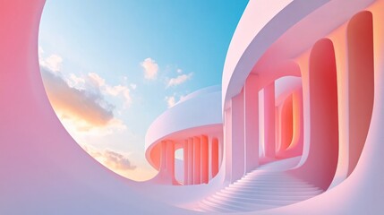 Sticker - Abstract pink and white architectural structure with curved walls and a stairway under a blue sky with clouds.