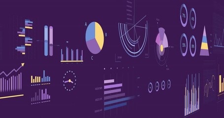 Wall Mural - Animation of statistics and data processing over purple background