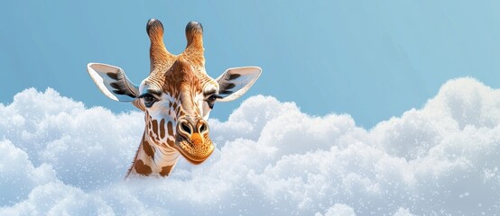 Wall Mural - The funny giraffe is photographed against a blue sky with white clouds.