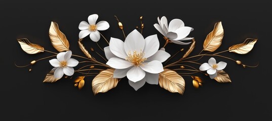 Wall Mural - A 3D floral background with white, golden, and black flowers.