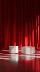 Poster - Minimalist stage with red curtains and white cylindrical podiums
