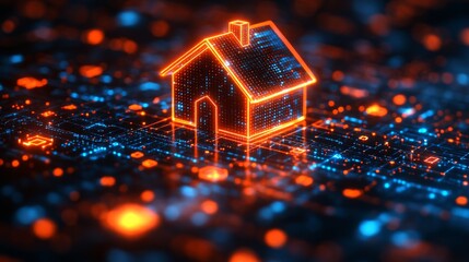 Poster - glowing digital house model on circuit board, futuristic technology and innovation concept