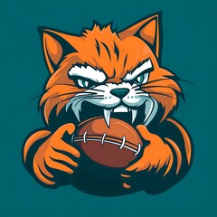 Poster - Cartoon Cat with Fangs Holding Rugby Ball Mascot Illustration