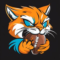 Wall Mural - Aggressive orange and blue cat mascot holding a football with fierce expression. Perfect for sports team logo