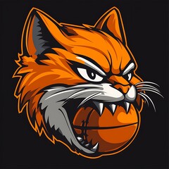 Wall Mural - Angry orange cat mascot with basketball in its mouth