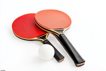 Two red and black ping pong paddles with white ball for table tennis Close up on white background