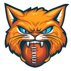 Wall Mural - Angry cat mascot holding a football. Sports mascot logo, design template