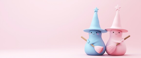 Kawaii Halloween witches with oversized hats and magical broomsticks Cute ceramic toys with fantasy themes on them in soft pastel colors