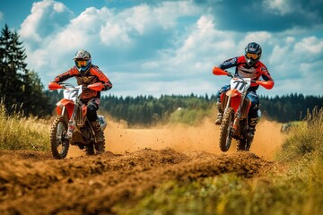 Wall Mural - Two riders on motocross bikes in Czech countryside Action shot in nature