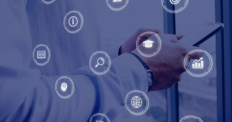 Poster - Animation of digital icons processing over caucasian businessman using tablet