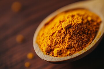 Poster - A close-up image showcasing vibrant turmeric powder carefully placed on a wooden spoon, highlighting the rich color and fine texture against a blurred background.