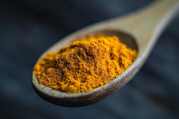 Poster - This close-up captures the vibrant turmeric powder delicately heaped in a wooden spoon, showcasing its rich color and fine texture, ideal for adding warmth to dishes.