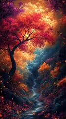 Wall Mural - psychedelic autumn forest swirling fractal leaf patterns neonbright fall colors digital art style su