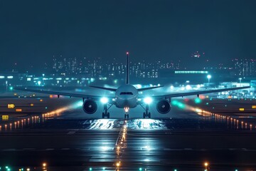 Wall Mural - White plane takes off from runway at night airport