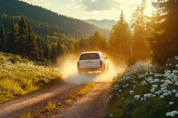 White SUV conquers mountain route by gorge near river and forest Sunset yellow sunlight on white dust Tall trees and flowers