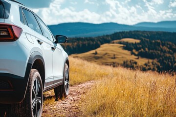 white suv crossover in nature with detailed photo of headlights wheels and parts all wheel drive off