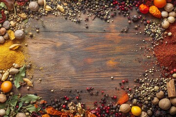 Poster - Vibrant image of a rustic wooden surface artistically adorned with an assortment of colorful spices and decorative elements, evoking a sense of culinary richness and variety.