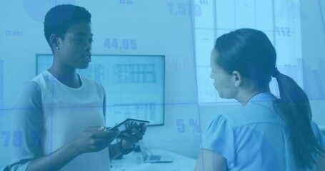 Poster - Animation of financial data processing over diverse business people in office