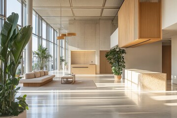 Wall Mural - A bright, open, and modern interior space featuring floor-to-ceiling windows allowing natural light to flood in, complemented by plants and minimalist furnishings.