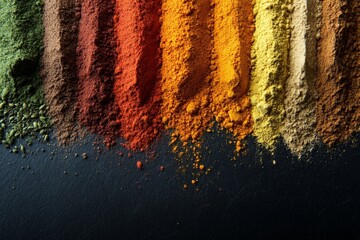 Poster - Vibrant, assorted ground spices in a linear arrangement showcasing a gradient of colors from green to light beige over a textured black surface.