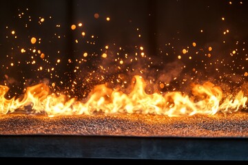 Aufkleber - A close-up shot highlighting vibrant, orange-yellow flames accompanied by flying sparks, set against a dark background, showcasing the energy and intensity of fire.