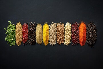 Poster - A visually striking array of colorful spices arranged neatly in a row against a dark background, showcasing the diversity and richness of culinary ingredients.