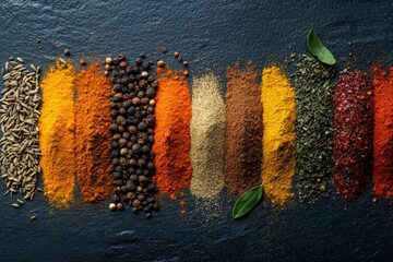 Poster - Beautifully organized colorful spices laid out on a dark textured surface, highlighting the rich and diverse palette of culinary ingredients, perfect for gourmet cooking.