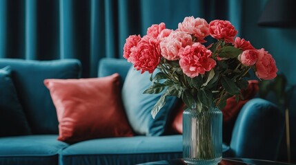 Poster - Pink Peonies in a Blue Interior