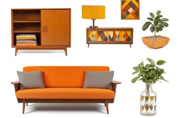 Transparent background, midcentury modern furniture set