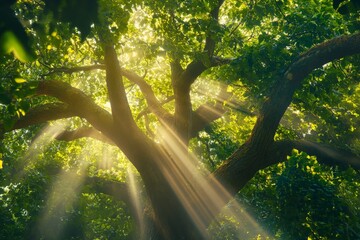 Poster - Sunlight filters through the dense foliage of a tree, casting beautiful rays of light that create a serene and peaceful forest environment filled with natural splendor.