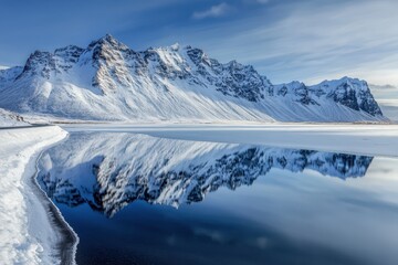 Winter photo of coastal road along lake leading to volcanic mountains in Iceland Rocky snow covered peaks reflecting on water from driver s perspective