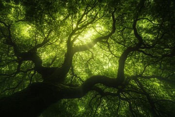 Poster - An enchanting view of a tree's canopy with beautiful rays of sunlight shining through, enveloped in lush green foliage, representing the serene and calming essence of the forest.