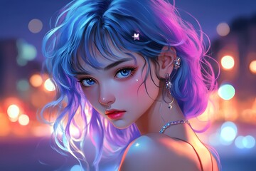 Sticker - Anime girl with blue hair and blue eyes looking at the camera in a night city