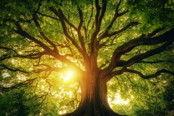 Poster - A grand tree with extensive, far-reaching branches, with sunlight filtering through, surrounded by green leaves, epitomizing the serenity and magnificence of nature.