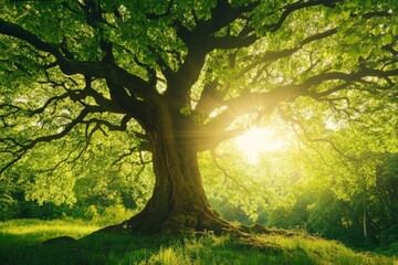 Poster - A radiant tree with wide, open branches in a sunlit meadow, embodying the beauty and tranquility of nature, inspiring feelings of peace and relaxation.