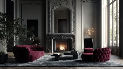 Wall Mural - Elegant Living Room with Burgundy Sofa, Fireplace, and Ornate Moldings