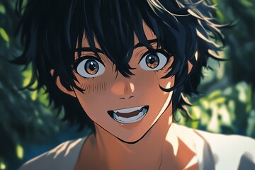 Wall Mural - Smiling anime boy with black hair and brown eyes, digital art