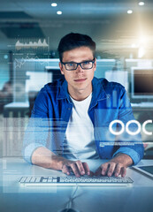 Leinwandbilder - Night, programmer and portrait of man, typing and overlay of interface, keyboard and software. Dark, dashboard and coder for agency, information technology and ideas for programming of data in web