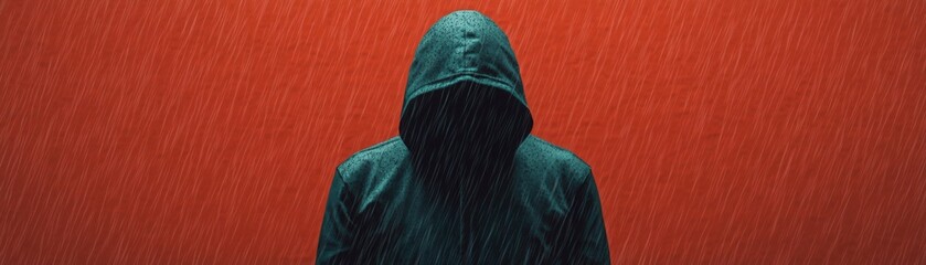 A mysterious hooded figure stands in the rain, facing a vivid red background, creating a dark and ominous atmosphere