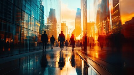 Wall Mural - Silhouettes of People Walking in City During Sunset